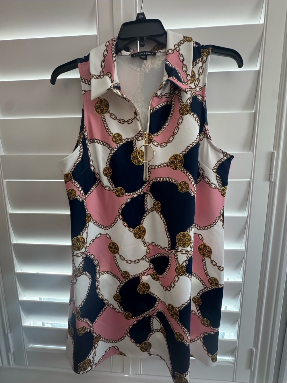 Boston Proper Pink, Navy & White Chain-Print Polo Dress